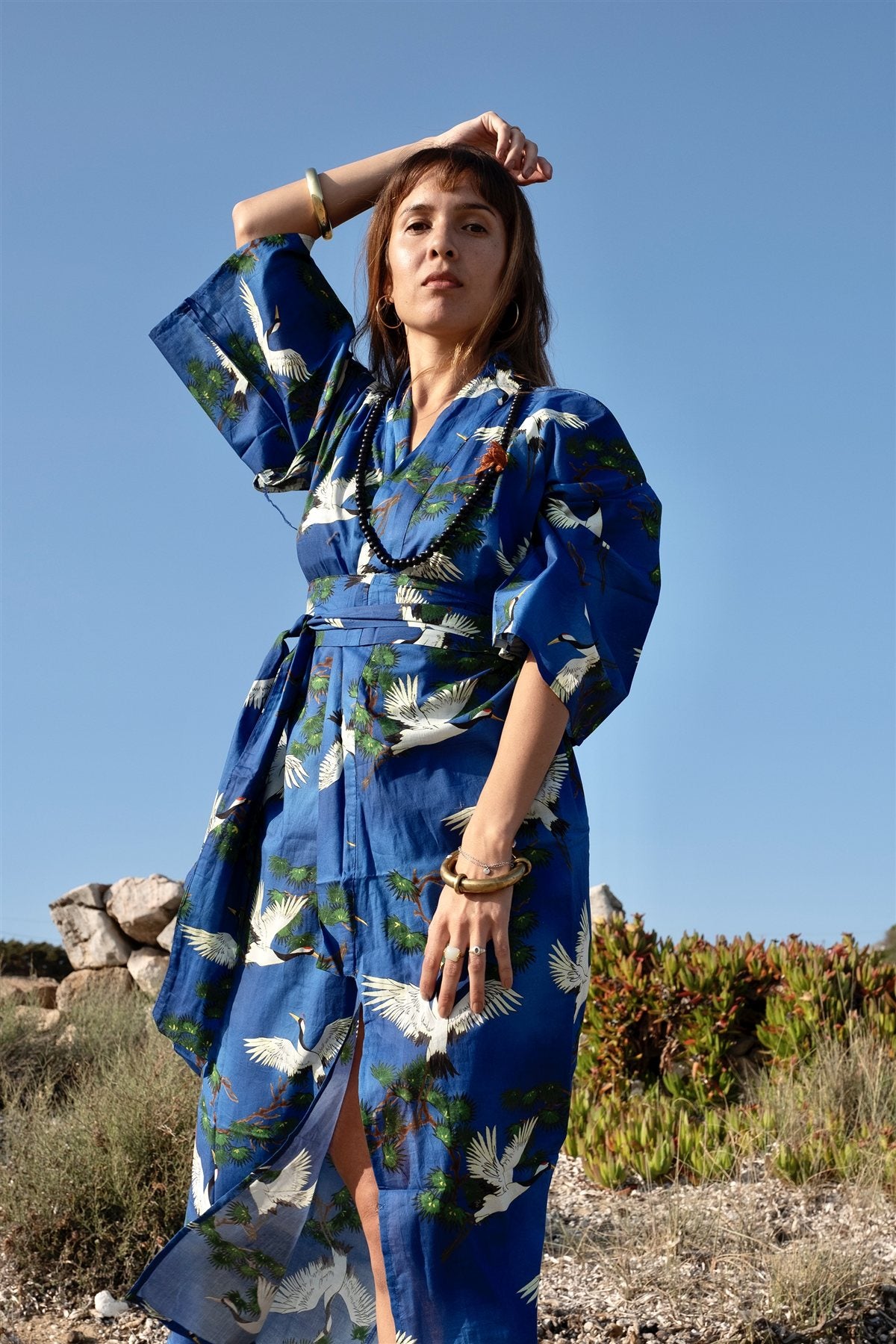 Crane Print Kimono Robe